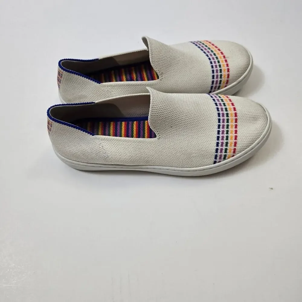 Rothy' The Kid Slip On Sneakers White Rainbow Stripe Knit Shoes 4 Youth Women's